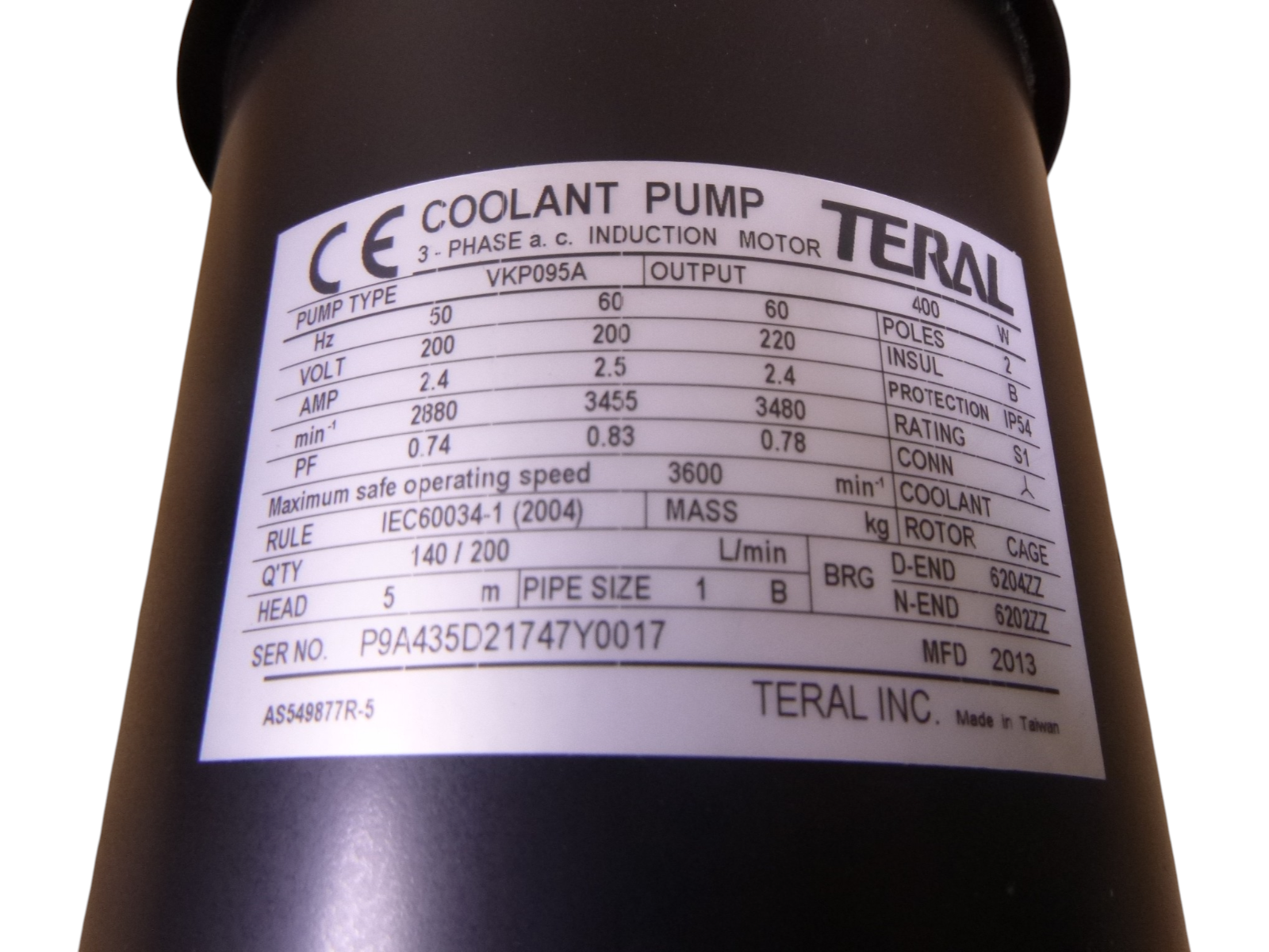 TERAL VKP095A Immersion Coolant Pump 3 Phase 200/220V 1/2 HP 400W 1" NPT | Industrial Electric Motors, Pumps &amp; Parts