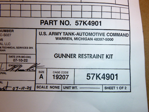 USGI M998 M1151 Humvee Gunners Restraint Kit 57K4901, 2540-01-559-1734