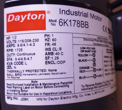 Dayton 1/2HP General Purpose Motor 1.25SF , 1725RPM , 48 FR , 1PH , 115/208-230V