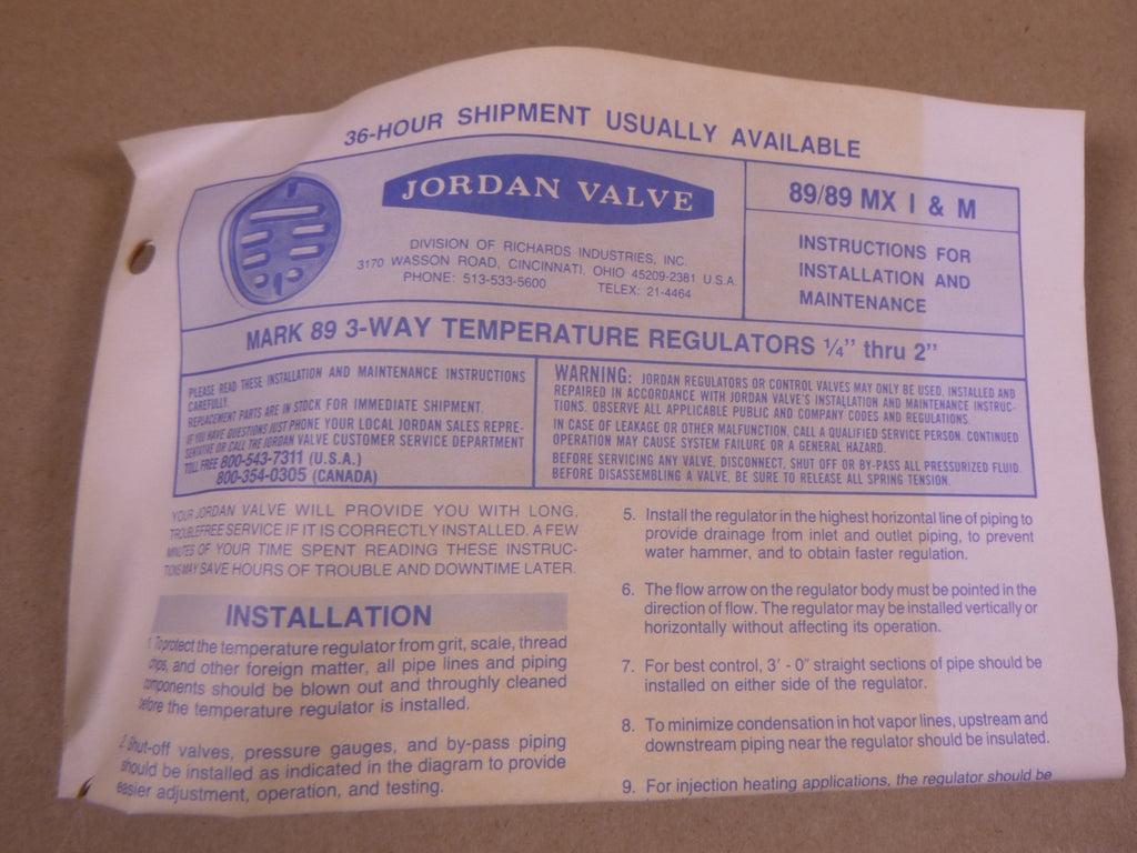 Jordan Valve 89MX Mixing Mark 89 3-Way Temperature Regulator , 1-1/2" , 316 | Industrial MRO Replacement Parts, Manufacturing Machine Parts & Components, Heavy Equipment Parts Supplier