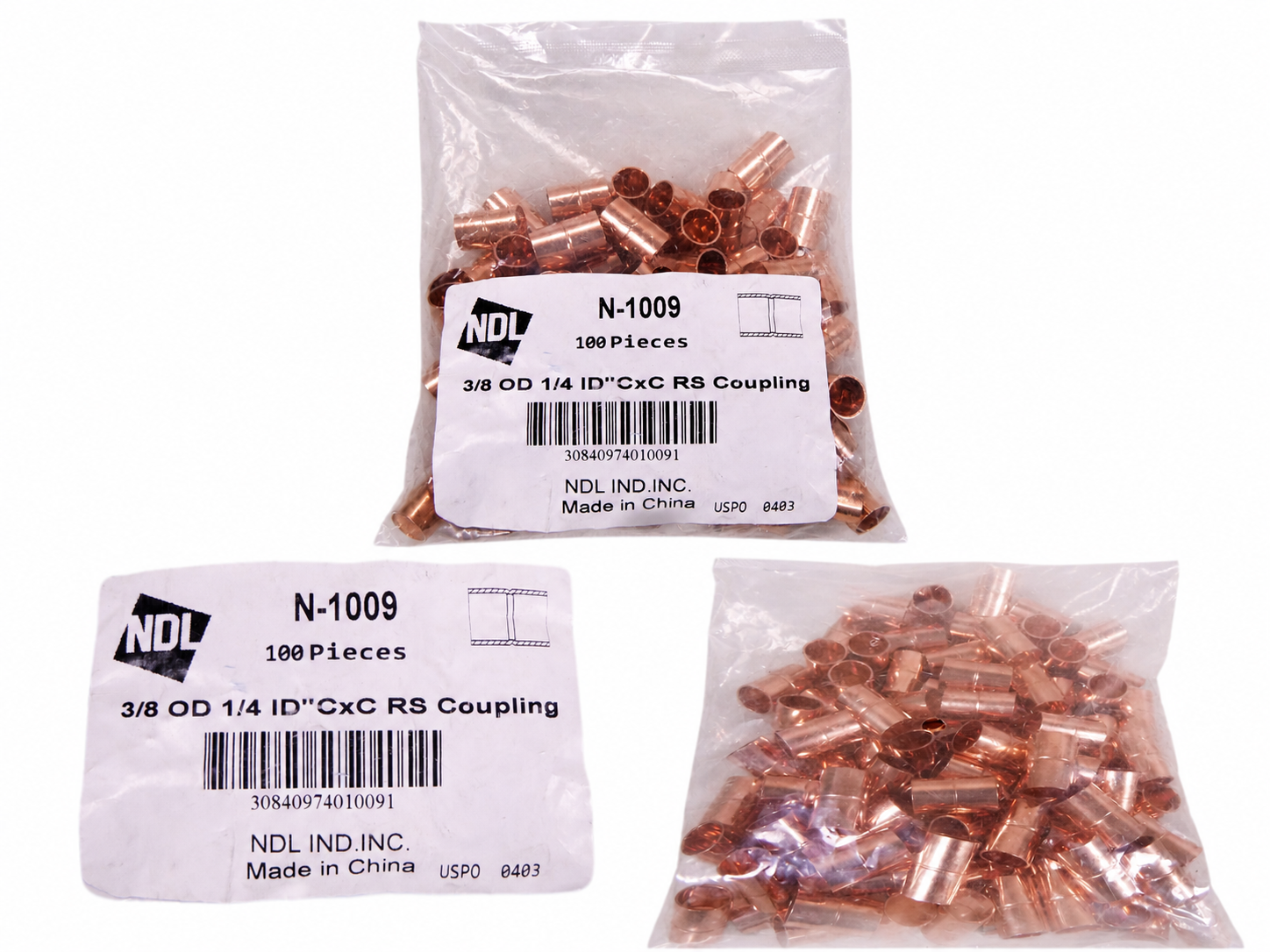 (100 PCS) NDL N-1009 3/8" OD X 1/4" ID CxC Rolled Stop Tube Wrot Copper Coupling