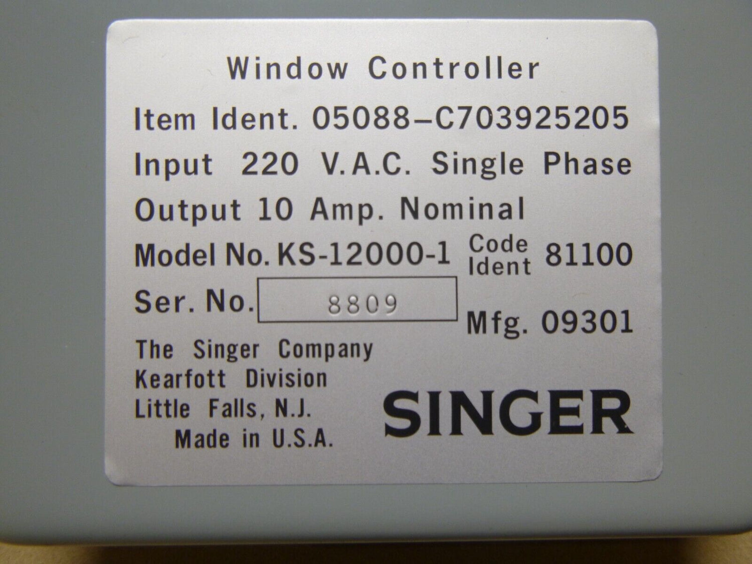 USGI Singer KS-12000-1 Heated Window Controller 220 Vac Single Phase 10 Amp | Electrical MRO Replacement Parts &amp; Components and Commercial Electrical Supplies Company