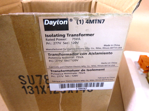 DAYTON 4MTN7 Isolating Transformer In 277V Out 120V 75VA