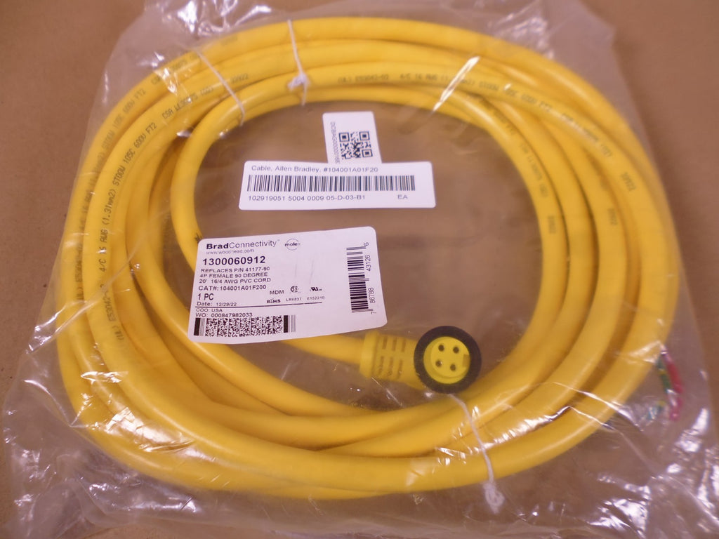 Woodhead Molex 104001A01F200 Cable 4P Female 90 Deg 20' 16/4 1300060912 | Electrical MRO Replacement Parts & Components and Commercial Electrical Supplies Company