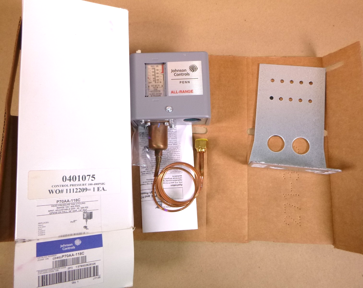 P70AA-118C Johnson Controls Head Pressure Fan Cycling 100/400 PSIG, SPST | Electrical MRO Replacement Parts &amp; Components and Commercial Electrical Supplies Company