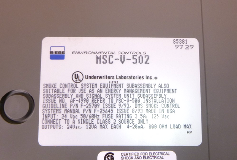 Siebe Environmental Controls MSC-V-502 Smoke Control Subassembly 24 Vac | Industrial MRO Replacement Parts, Manufacturing Machine Parts & Components, Heavy Equipment Parts Supplier