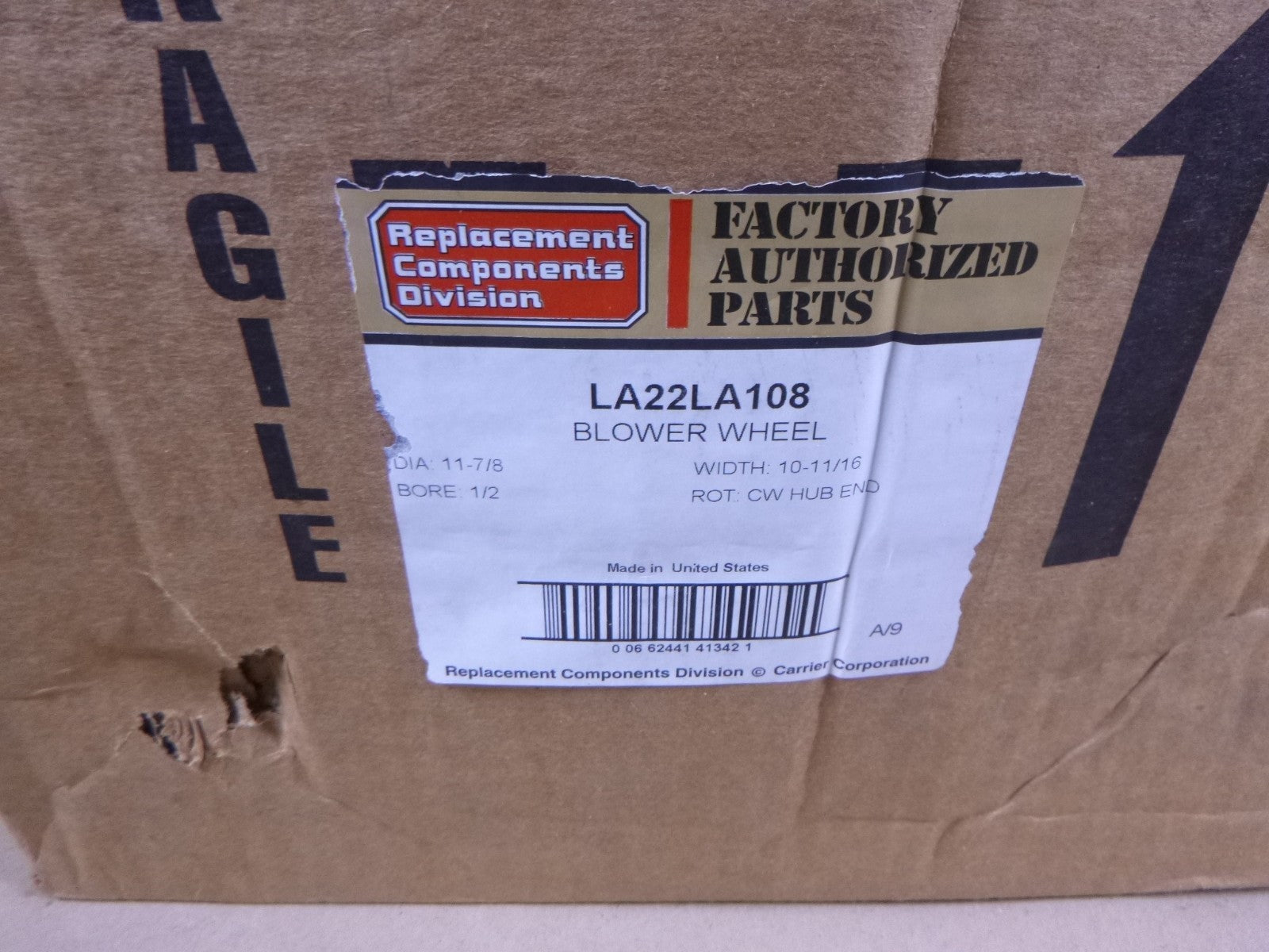 Carrier LA22LA108 Blower Wheel 11 7/8 x 10 11/16 inches CW Wheel OEM *MINOR DENT* | Industrial MRO Replacement Parts, Manufacturing Machine Parts &amp; Components, Heavy Equipment Parts Supplier