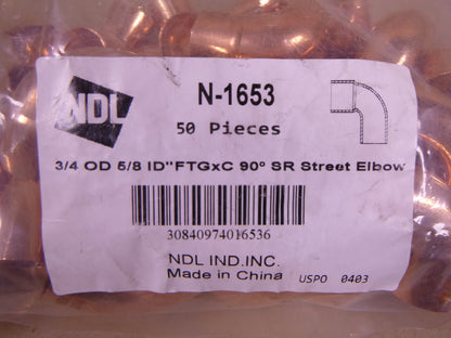 (36 PCS) NDL N-1653 Short Radius Tube Street 90 deg Elbow Copper , 3/4 x 5/8 in | Industrial Replacement Nuts &amp; Bolts Distributor and Machinery Screws &amp; Fasteners Supply
