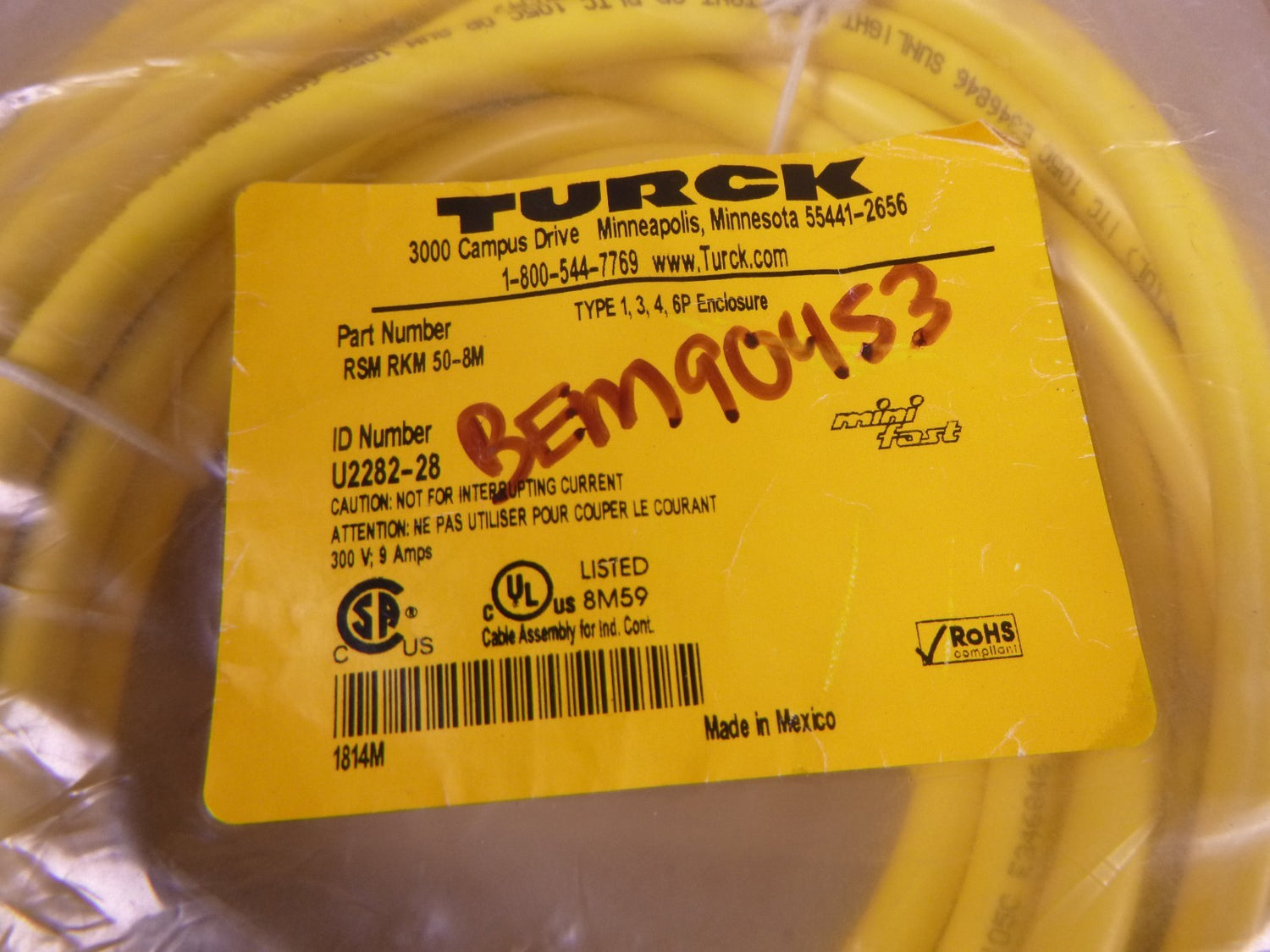 Turck RSM RKM 50-8M Minifast Cordset 5 Pin M/F 7/8" , 8M , U2282-28 | Electrical MRO Replacement Parts &amp; Components and Commercial Electrical Supplies Company