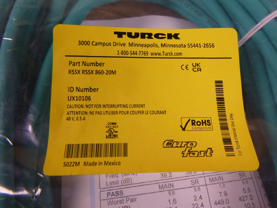 TURCK RSSX RSSX 860-20M Industrial Ethernet Cable UX10106 , 20M 8-Pin Euro Fast | Electrical MRO Replacement Parts &amp; Components and Commercial Electrical Supplies Company