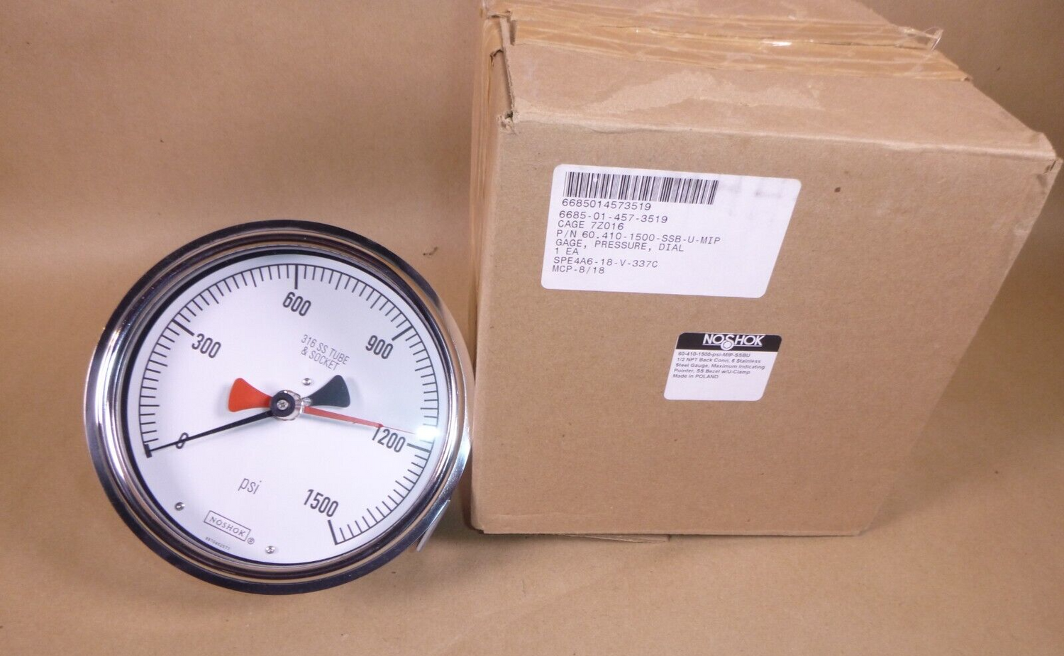 6" NOSHOK 60-410-1500-psi MIP-SSBU Pressure Gauge 1/2" NPT, 304 SS W/ POINTER | Industrial MRO Replacement Parts, Manufacturing Machine Parts &amp; Components, Heavy Equipment Parts Supplier