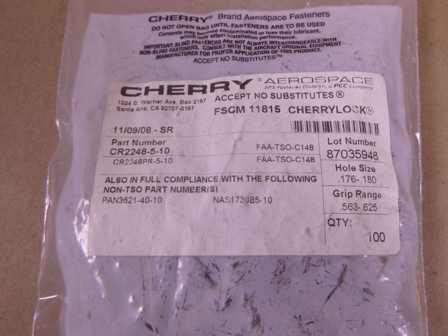 (300x) CR2248-5-10 Cherry Blind Rivet CR2248 Series , 5320-01-223-4438 | Industrial Replacement Nuts &amp; Bolts Distributor and Machinery Screws &amp; Fasteners Supply