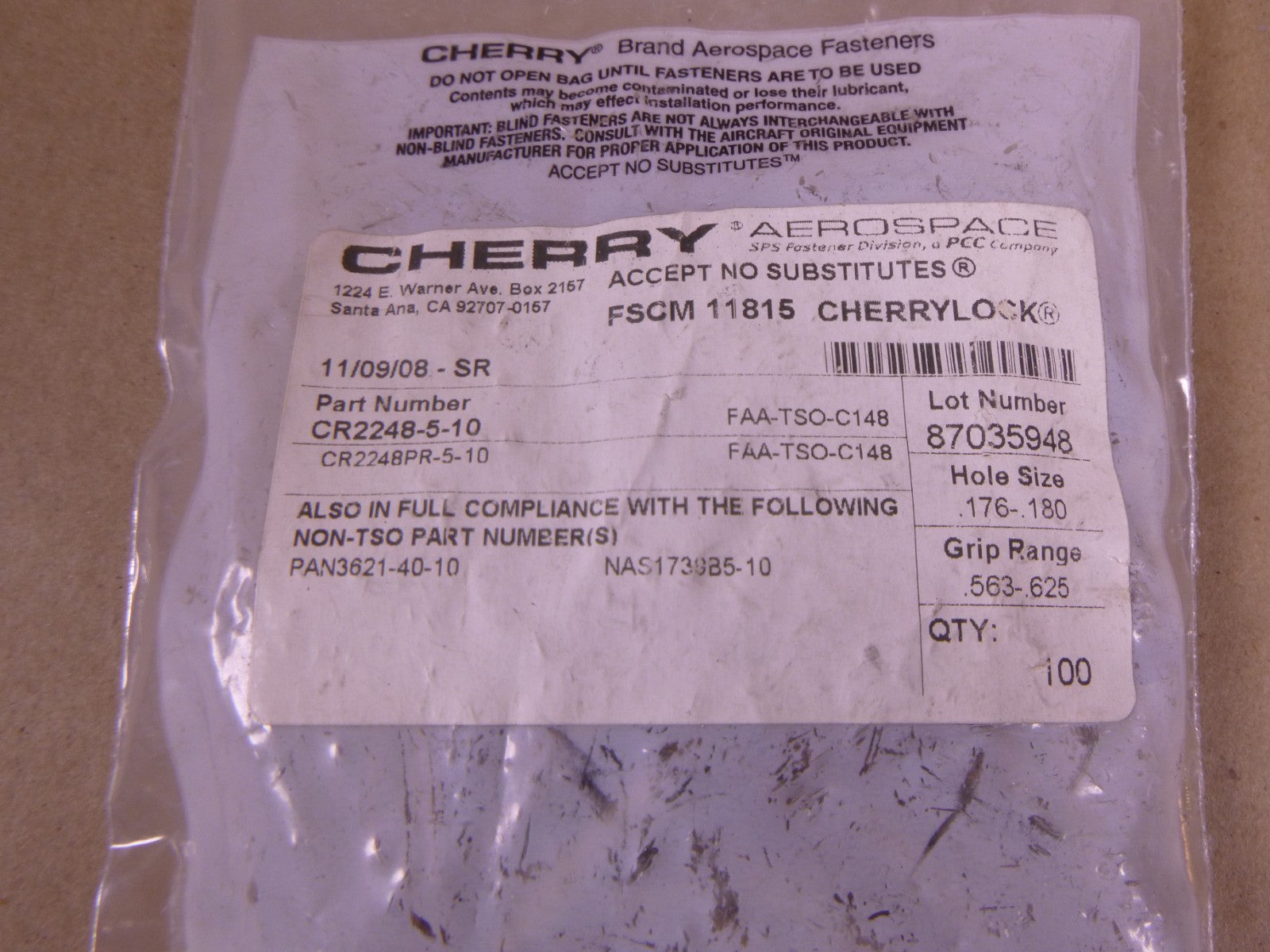 (300x) CR2248-5-10 Cherry Blind Rivet CR2248 Series , 5320-01-223-4438 | Industrial Replacement Nuts &amp; Bolts Distributor and Machinery Screws &amp; Fasteners Supply
