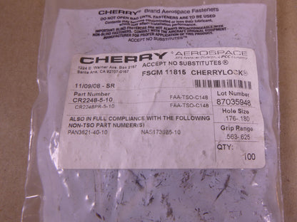 (300x) CR2248-5-10 Cherry Blind Rivet CR2248 Series , 5320-01-223-4438 | Industrial Replacement Nuts &amp; Bolts Distributor and Machinery Screws &amp; Fasteners Supply