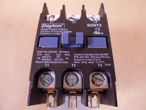 DAYTON 6GNY3 Definite Purpose Contactor , 3-Pole FLA @ 277VAC: 25 , 110-120VAC