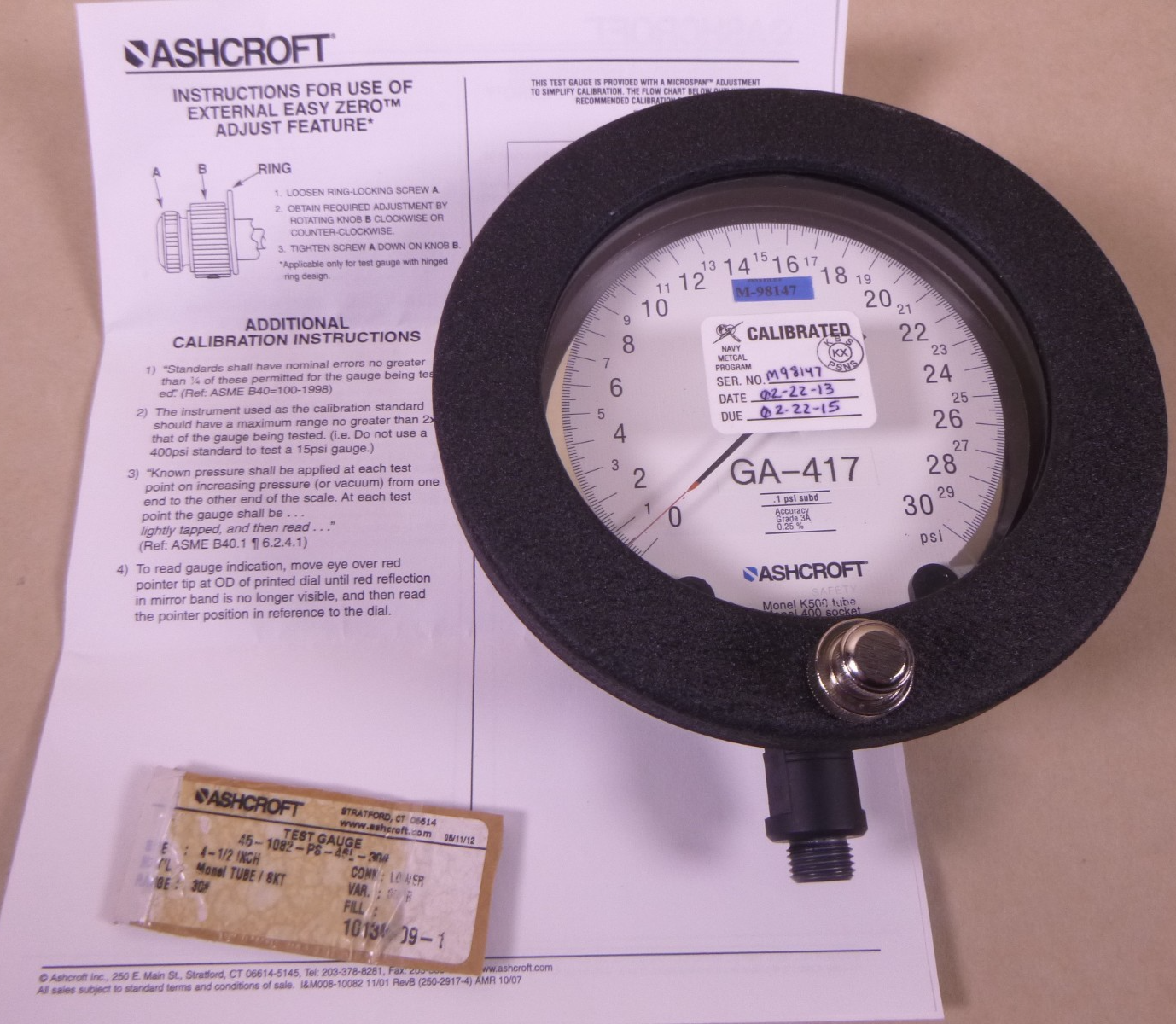 ASHCROFT Test Pressure Gauge GA-417, .1 psi subd , 0 to 30 psi, 45-1082PS