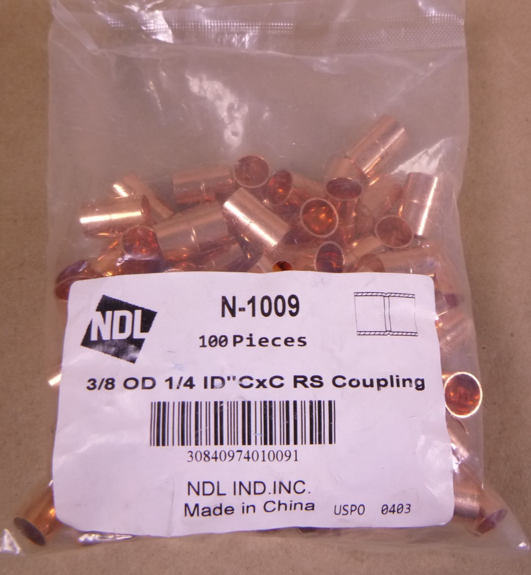 (100 PCS) NDL N-1009 3/8" OD X 1/4" ID CxC Rolled Stop Tube Wrot Copper Coupling