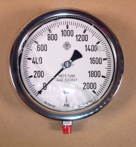 Liquid Filled Pressure Gauge 2000 PSI 6” Dial Stainless Steel McDaniel Controls