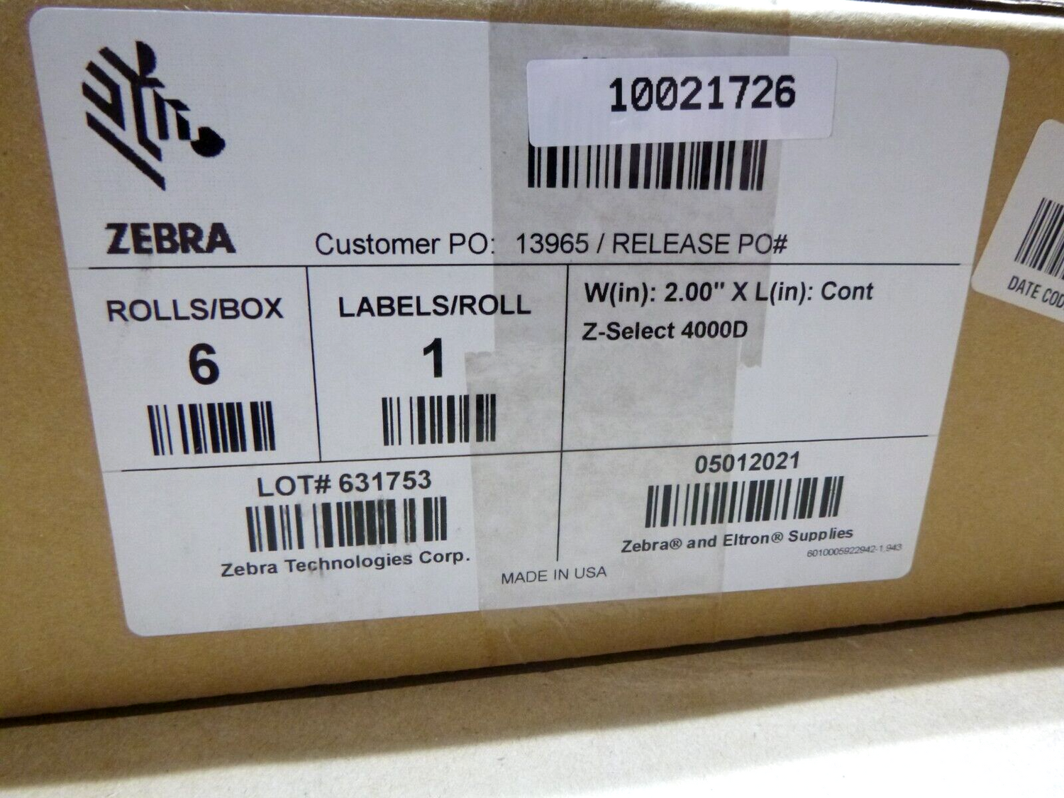 Zebra 10021726 Z-Select 4000D Direct Thermal Label 2" X CONTINIOUS (6 Count Box) | Industrial MRO Replacement Parts, Manufacturing Machine Parts &amp; Components, Heavy Equipment Parts Supplier