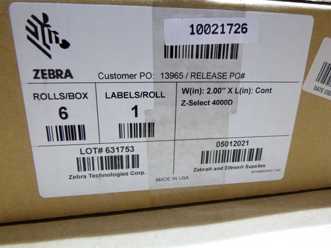 Zebra 10021726 Z-Select 4000D Direct Thermal Label 2" X CONTINIOUS (6 Count Box)