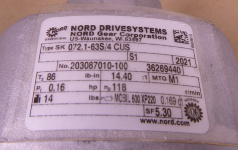 SK 072.1-63S/4 Nord Gearmotor , 14.40:1 Ratio, 0.16HP, 118 RPM, 230/460V | Industrial Electric Motors, Pumps & Parts