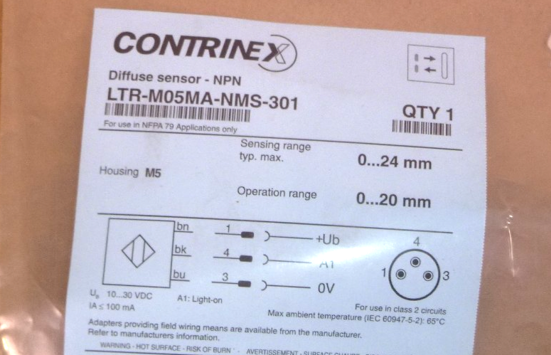 LTR-M05MA-NMS-301 Contrinex Photoelectric Sensor, Stainless Steel, 0-24mm 
