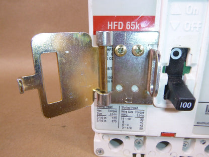 Eaton HFD3100 100 Amps 3-Pole 600 VAC 250 VDC Circuit Breaker W/ Padlock latch | Electrical MRO Replacement Parts &amp; Components and Commercial Electrical Supplies Company