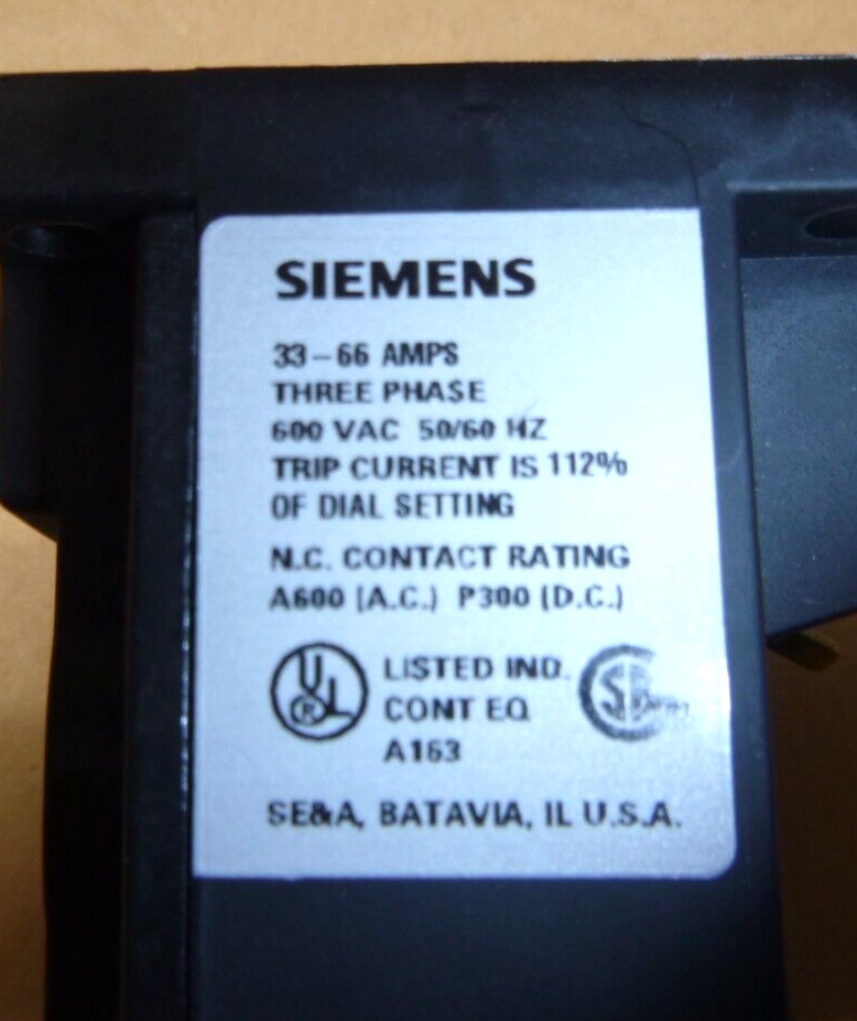 New Siemens Overload Relay 985L109442U Trip Curve A, 33-66 Amps 3 Phase, USA | Electrical MRO Replacement Parts &amp; Components and Commercial Electrical Supplies Company