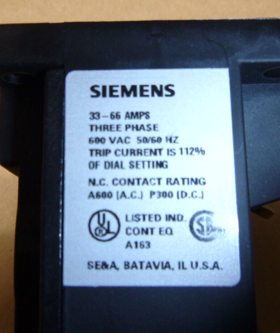 New Siemens Overload Relay 985L109442U Trip Curve A, 33-66 Amps 3 Phase, USA