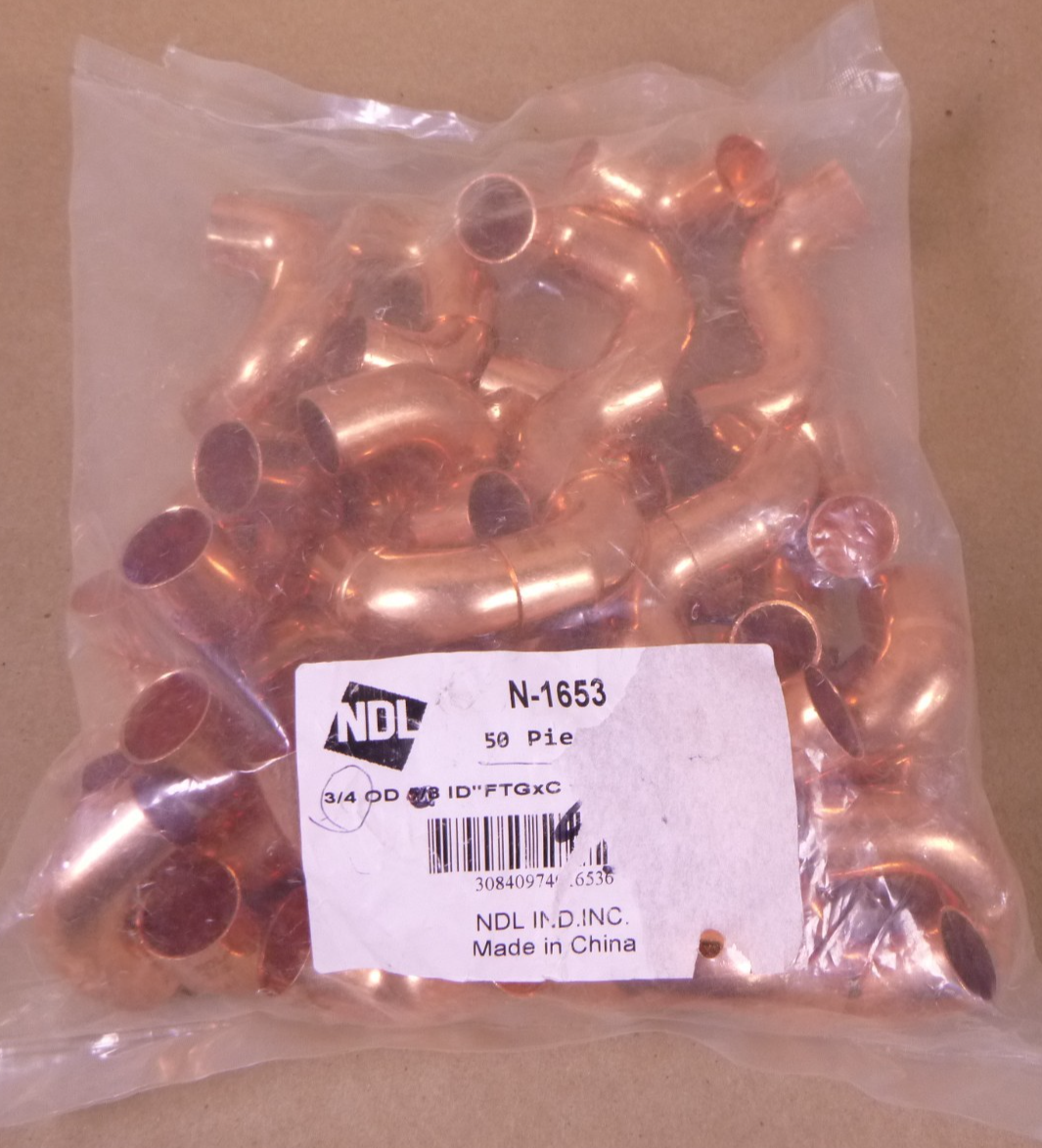 (50 PCS) NDL N-1653 Short Radius Tube Street 90 deg Elbow Copper, 3/4 x 5/8 in | Industrial Replacement Nuts &amp; Bolts Distributor and Machinery Screws &amp; Fasteners Supply