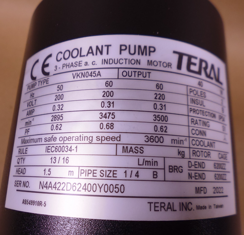 Teral VKN045A Coolant Pump 40W 2P 200-220V 50/60HZ | Industrial Electric Motors, Pumps & Parts