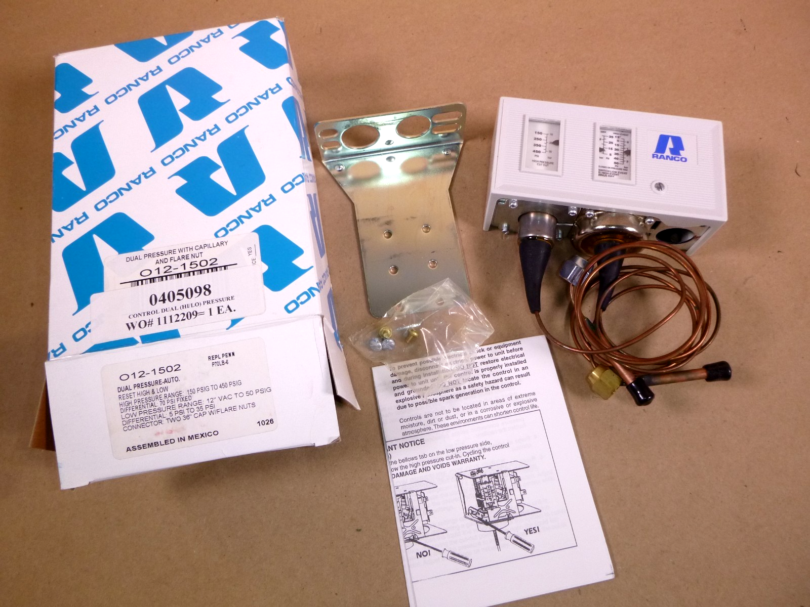 012-1502 Ranco Dual Function Refrigeration Pressure Control 150-450 Cut-Out Psi