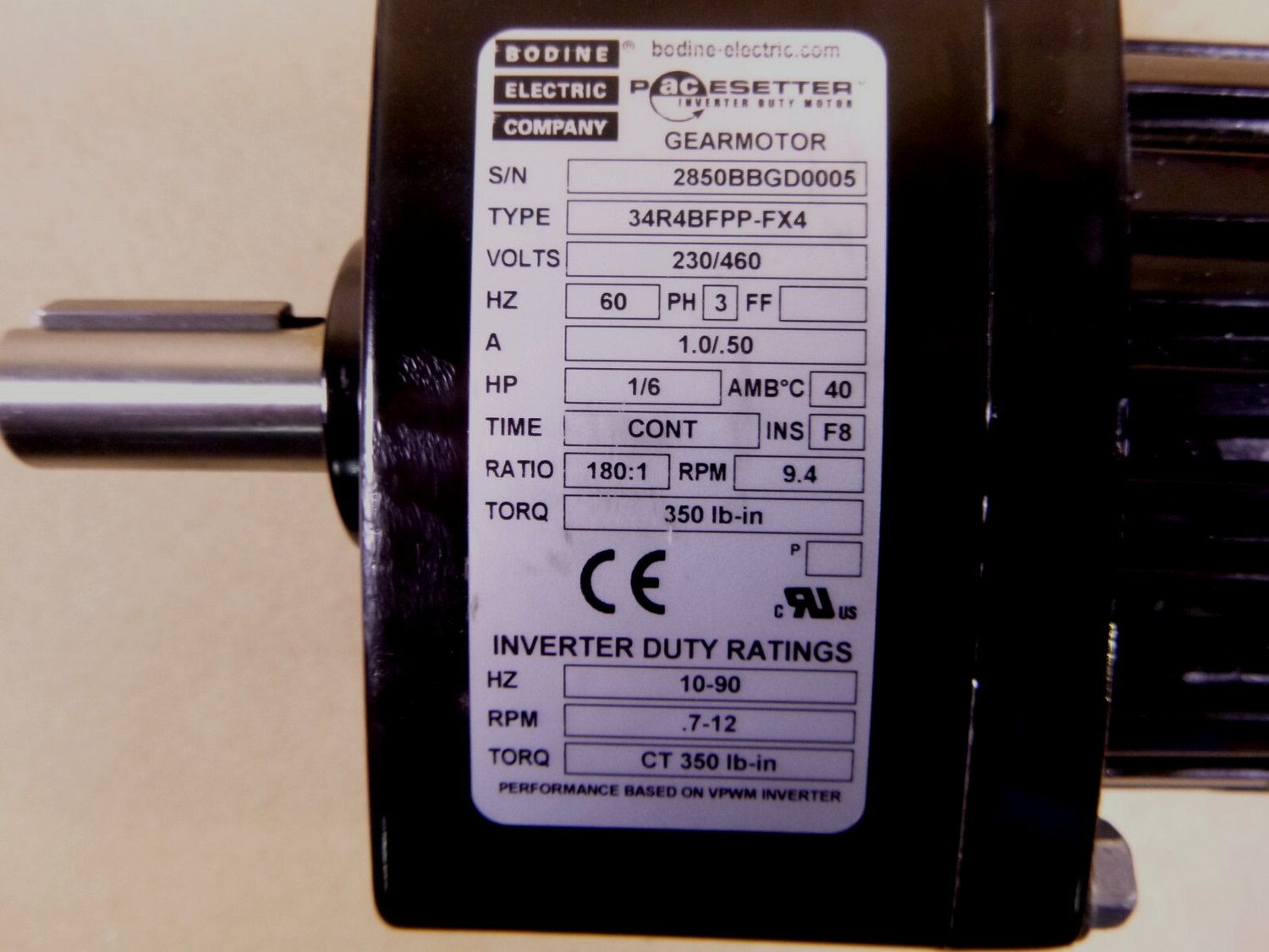 34R4BFPP-FX3 Bodine 1/6 HP 230/460VAC Parallel Shaft 3Ph Gear Motor 180:1 9.4Rpm | Industrial Electric Motors, Pumps &amp; Parts
