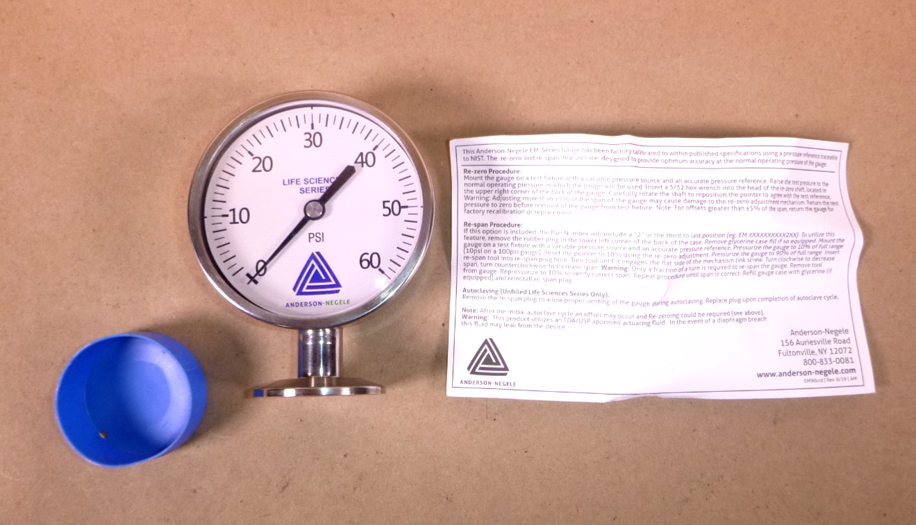 Anderson-Negele GAUGE 1.5" Tri Clamp 0-60 PSI 3.5" DIAL 330° HI TEMP W/Re-Zero | Industrial MRO Replacement Parts, Manufacturing Machine Parts &amp; Components, Heavy Equipment Parts Supplier