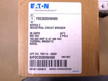 FDC3035VWH09 Eaton Naval F-Frame Circuit Breaker Three-pole, 35A, 600V, 100 kAIC | Electrical MRO Replacement Parts &amp; Components and Commercial Electrical Supplies Company