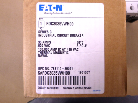 FDC3035VWH09 Eaton Naval F-Frame Circuit Breaker Three-pole, 35A, 600V, 100 kAIC