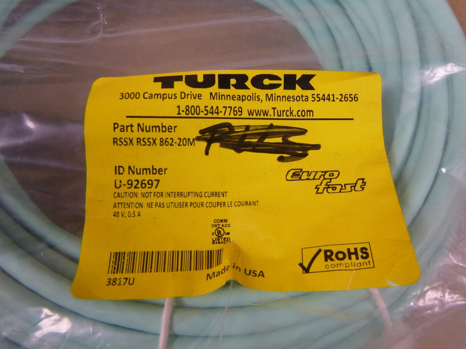 TURCK RSSX RSSX 862-20M Ethernet Cable Double End 8-Pin 48V 0.5A 20M , U-92697 | Electrical MRO Replacement Parts &amp; Components and Commercial Electrical Supplies Company