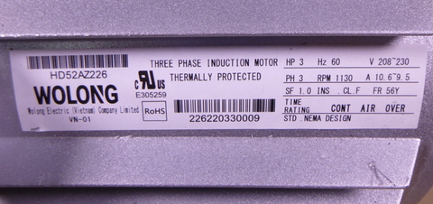 HD52AZ226 3 PH, 1130 RPM Condenser Fan Motor, CW/CCW, 3 HP, 208/230V For Carrier | Industrial Electric Motors, Pumps & Parts