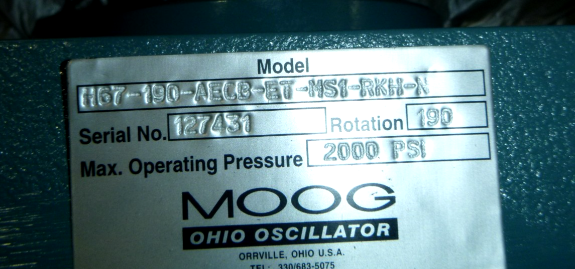 MOOG H67-190-AECB-ET-MS1-RKH-N Hydraulic Rotary Actuator 2000 Psi 190° Rotation | Industrial MRO Replacement Parts, Manufacturing Machine Parts &amp; Components, Heavy Equipment Parts Supplier
