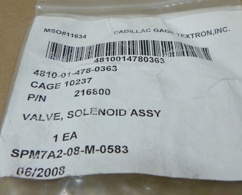 CADILLAC GAGE TEXTRON 216800 SOLENOID VALVE , 4810-01-478-0363 | Industrial MRO Replacement Parts, Manufacturing Machine Parts &amp; Components, Heavy Equipment Parts Supplier