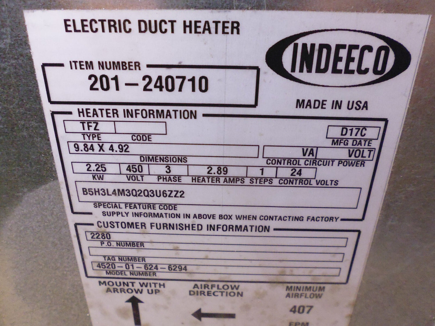 Indeeco 201-240710 Electric Duct Heater 2.25kw 450V 3PH , 407FPM Min Airflow | Industrial MRO Replacement Parts, Manufacturing Machine Parts &amp; Components, Heavy Equipment Parts Supplier