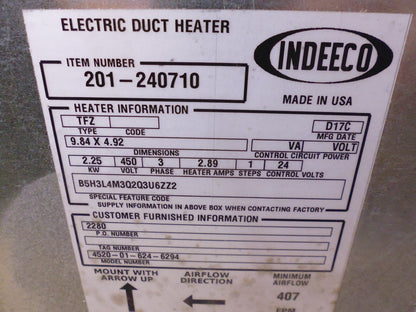 Indeeco 201-240710 Electric Duct Heater 2.25kw 450V 3PH , 407FPM Min Airflow | Industrial MRO Replacement Parts, Manufacturing Machine Parts &amp; Components, Heavy Equipment Parts Supplier