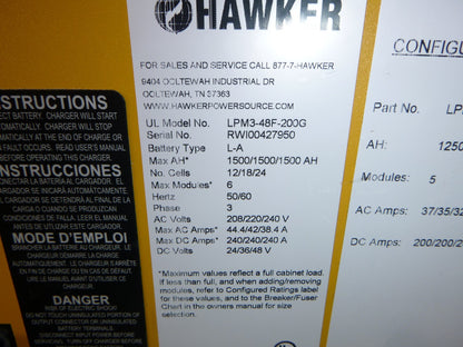USED LPM3-48F-200G Hawker Life Plus 24/36/48 Volt Forklift Battery Charger 1500ah | Electrical MRO Replacement Parts &amp; Components and Commercial Electrical Supplies Company