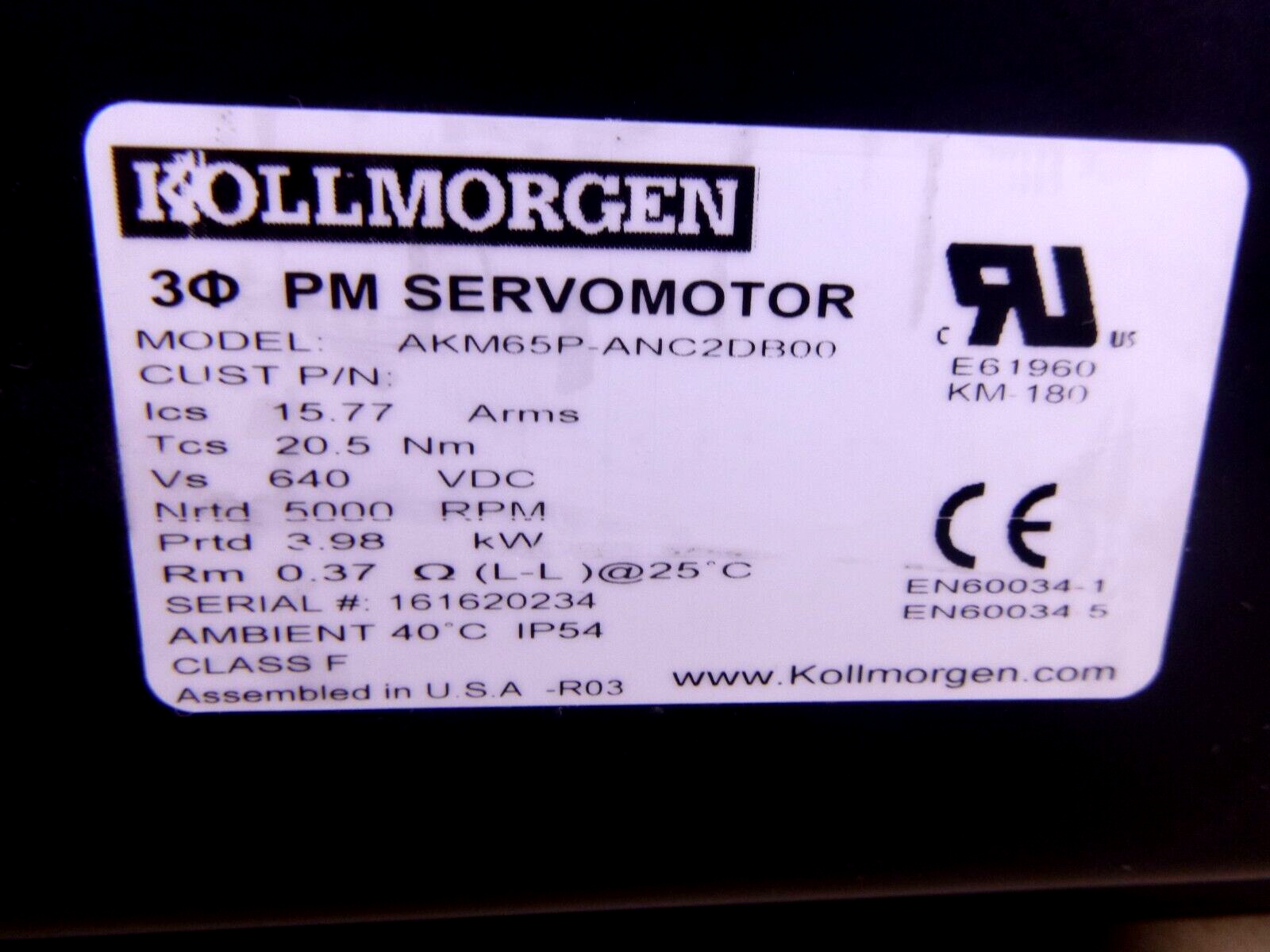 Kollmorgen AKM65P-ANC2DB00 Brushless DC Servo Motor 3.98 KW, 5000 Rpm, 640 Vdc | Industrial Electric Motors, Pumps &amp; Parts