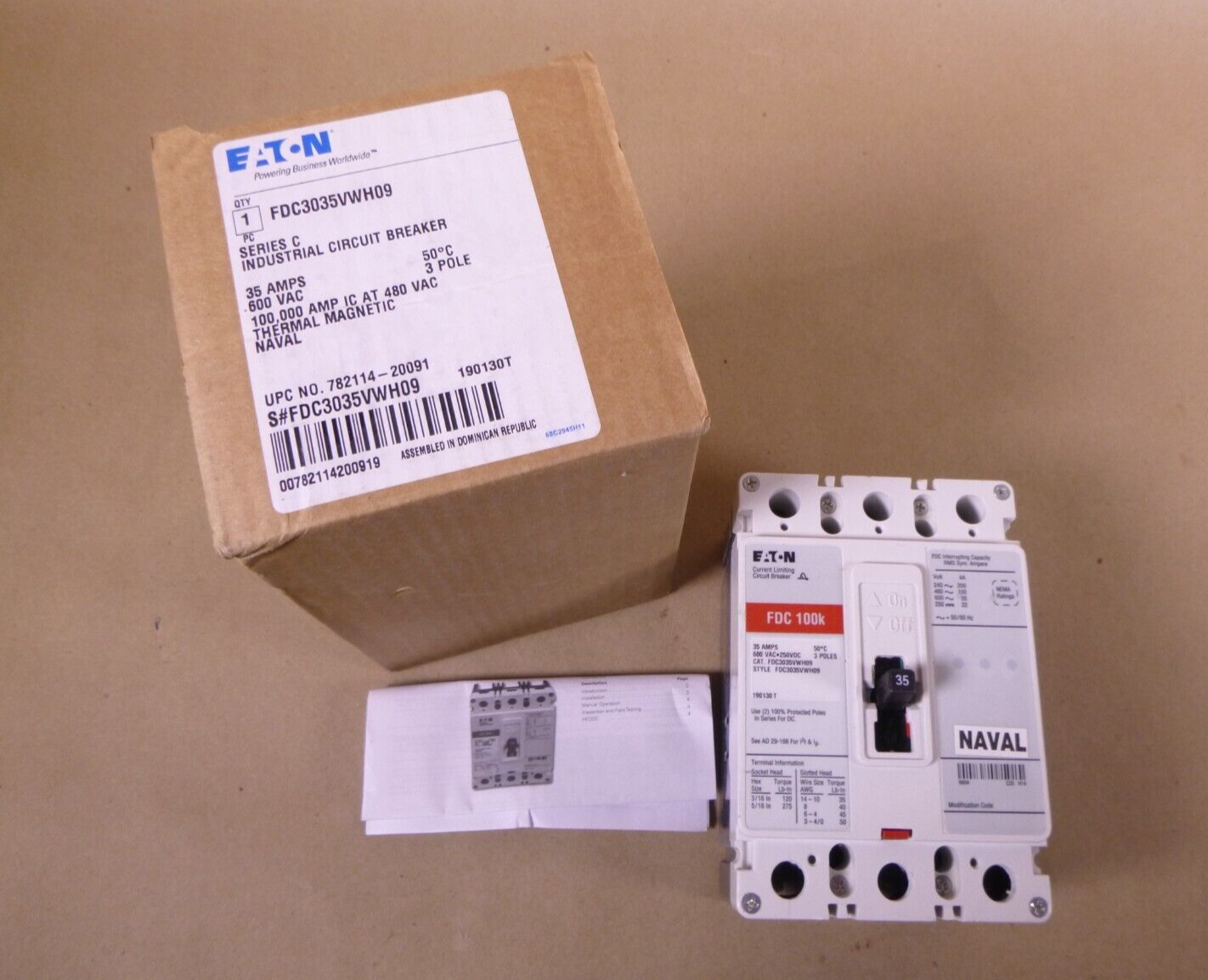 FDC3035VWH09 Eaton Naval F-Frame Circuit Breaker Three-pole, 35A, 600V, 100 kAIC | Electrical MRO Replacement Parts &amp; Components and Commercial Electrical Supplies Company