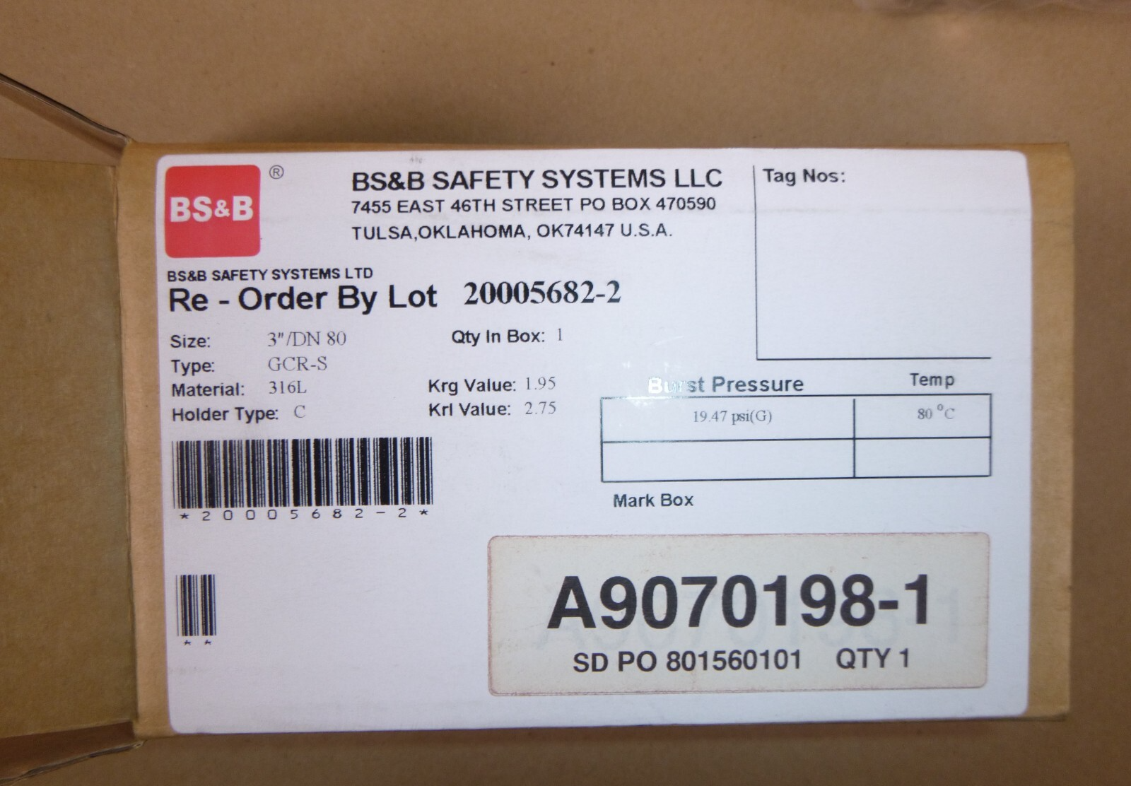 BS&amp;B SAFETY SYSTEMS 3" / DN80 TYPE GCR-S RUPTURE DISC EPDM-B 316L, 20005682-2 | Industrial MRO Replacement Parts, Manufacturing Machine Parts &amp; Components, Heavy Equipment Parts Supplier