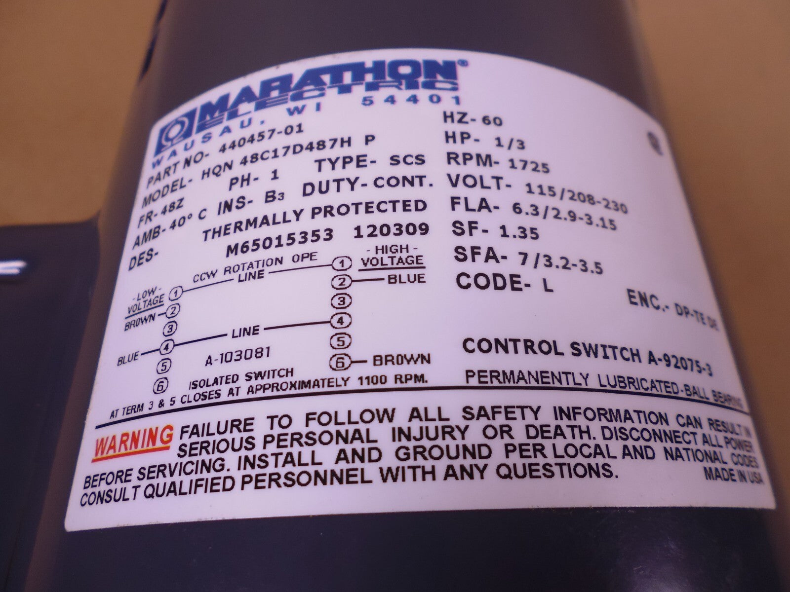 Genuine Alliance 44045701P Commercial Dryer Motor 1/3HP 44007101 TU20283 TU21095 | Industrial Electric Motors, Pumps &amp; Parts