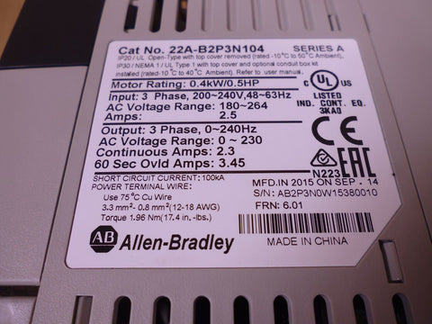 Allen Bradley PowerFlex 4 22A-B2P3N104 AC Drive Series A 0.5HP 180-264V 3PH