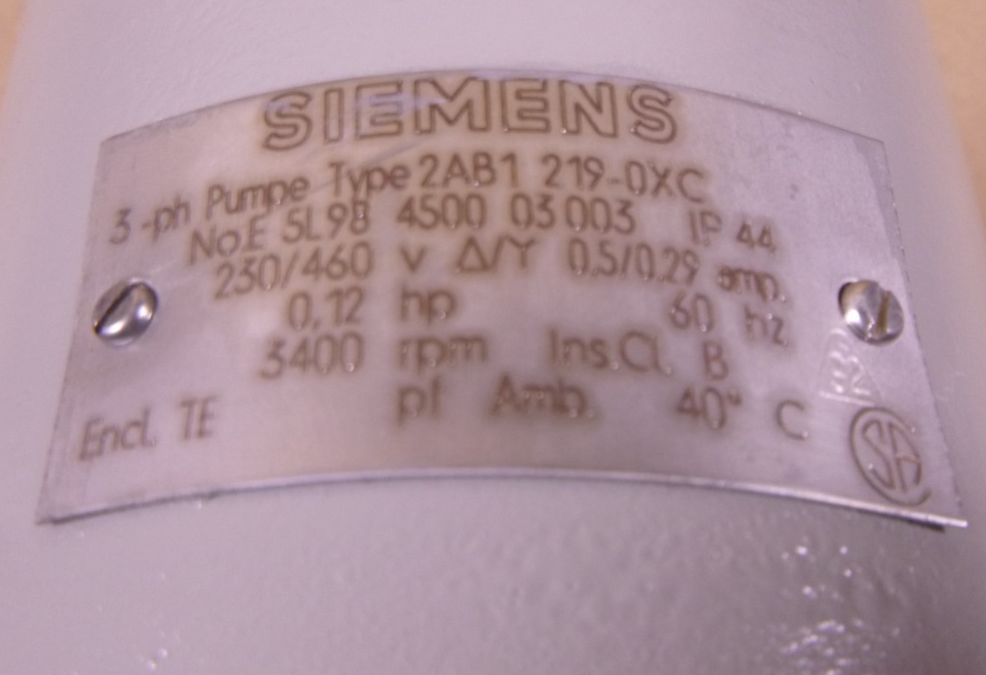 Siemens 2AB1 Immersion Pump 2AB1219-0XC 3PH 230/460V 0.12HP 3400RPM 0.5/0.29A | Industrial Electric Motors, Pumps & Parts