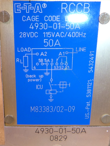 E T A Remote Control Circuit Breaker M83383/02-09, 4930-01-50A, 400 Hz, 50 Amp | Electrical MRO Replacement Parts & Components and Commercial Electrical Supplies Company